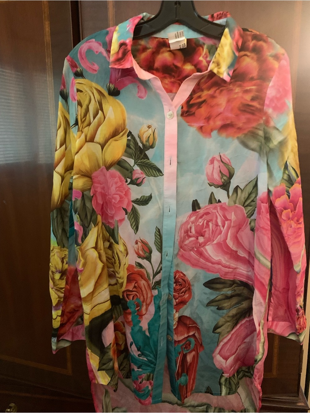 Agua Bendita Floral Button-Front Tunic in Aqua, Pink & Yellow